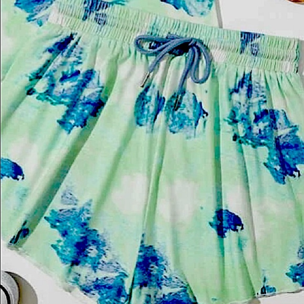blue and green tie dye shorts